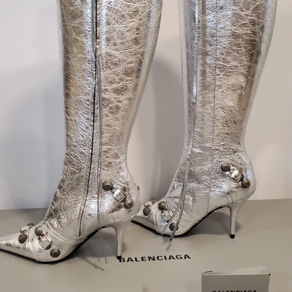 BALENCIAGA CAGOLE 90MM KNEE HIGH BOOTS IN SILVER SIZES US SZ 6 RETAIL $2,550 - Picture 7 of 14